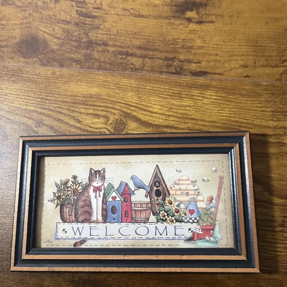 Vintage Primitive Country Folk Art Framed Welcome Cat Bees Garden Bird